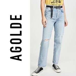 AGOLDE 90's Mid Rise Loose Fit Grunge Destructed Button Fly Straight Jeans